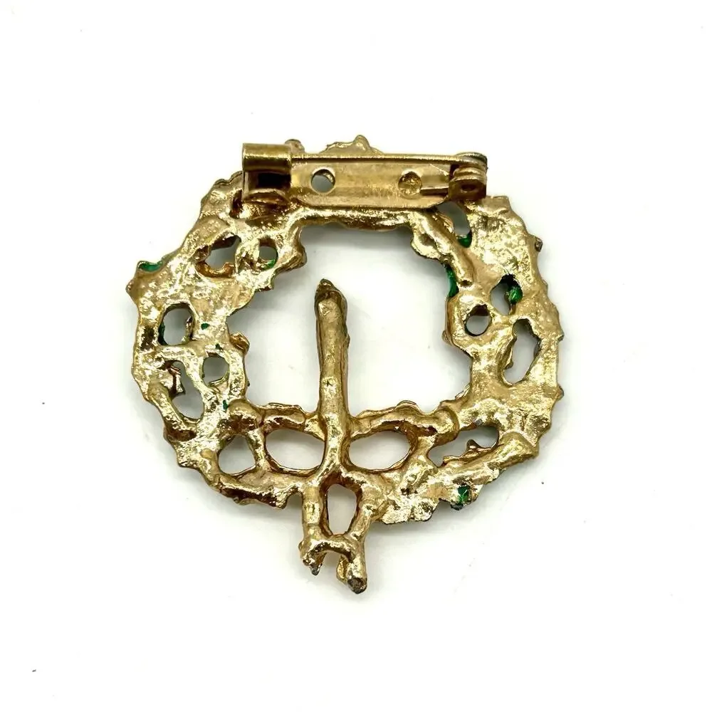 Vintage Christmas Wreath Brooch Candle Bow Holly Red Green White Enamel - Picture 7 of 7